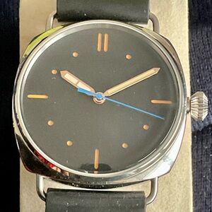 Rare 24 Jewel Black Automatic Parnis Dotted Dial Watch Blue Seconds Hand EUC